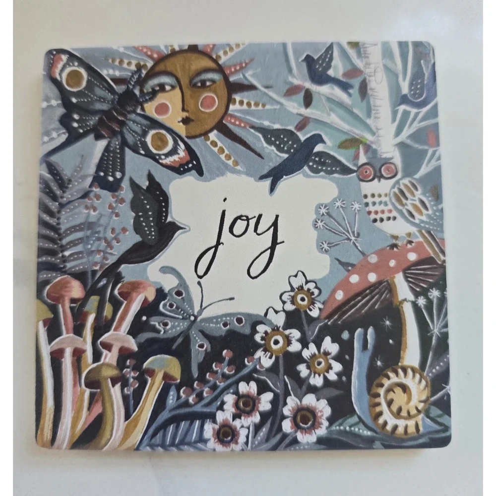 Set of 4‎ Whimsical Ceramic Coasters Forest Folk Art Love Believe Blessings Joy